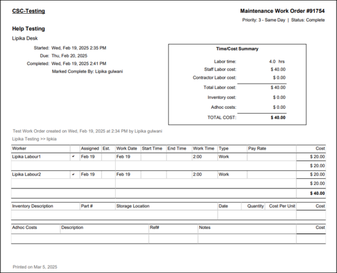 Maintenance Work Order Page